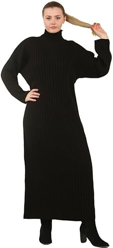 BESTITALIANUK Womens Long Sleeve Turtle High Funnel Neck Knitted Dress Ladies Knitted Maxi Dress Classic Plain Top Pullover Long Jumper Dress Casual Winter Wear Maxi Top One Size (Fits UK 8-16)