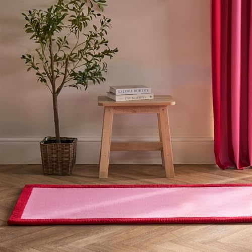 OHS Runner Rugs for Hallway Non-Slip Long Contrast Border Rugs Living Room Soft Fluffy Modern Kitchen Floor Mat Hallway Runner Rug Low Pile Area Rug, Pink/Red - 66 x 200cm