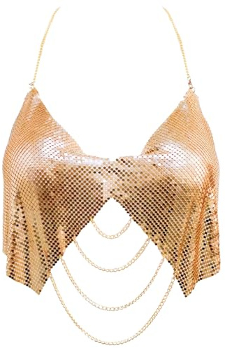 SEAUR Damen Halter Nacken Träger Metall-BH Rückenfreier Körperketten-BH Glänzende Pailletten Hängenden Ketten Crop-Top mit Brustaufklebern