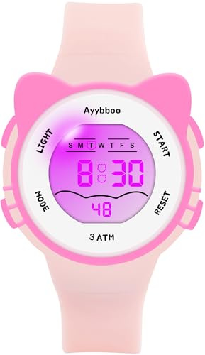 Ayybboo Kinderuhr Digital für 4-15 Jahre Outdoor-Aktivitäten | Armbanduhr Kinder für Jungen Mädchen mit 7-Farben LED,3 ATM Wasserdicht,Wecker,Stoppuhr,12/24H