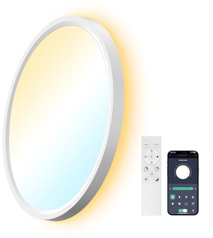AIKVSXER Lámpara LED de Techo 24W Ø30 cm, Plafón Ultrafino Regulable con Control Inteligente, Temperatura de Color Ajustable 3000K–6500K, Mando a Distancia y App Móvil, con Luz Nocturna Integrada 5W