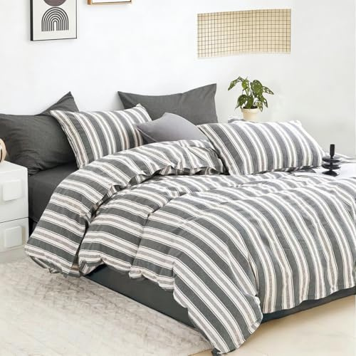 Nesture Bettwäsche 135x200 Baumwolle 2teilig, Grau-weiße Streifen | 100% Baumwolle, gewaschene Leinenoptik, 1x Bettbezug 135x200 + 1x Kissenbezug 80x80cm, Bettwäsche-Sets, Weich & atmungsaktiv