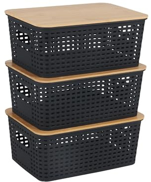 Relaxdays Aufbewahrungsbox, 3er Set, mit Deckel, Kunststoff & Bambus, Griffe, HBT: 10,5x25,5x18 cm, Organizer, schwarz