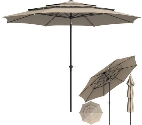 WoRaum Sonnenschirm Ø 300 cm，Gartenschirm，Terrassenschirm mit Kurbel，LED Beleuchtung Solar,Windfest，Stabil，Balkonschirm，Marktschirm，Sonnenschirm für Balkon Strand,Terrasse,Braun