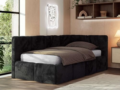 MKS MEBLE Jugendbett ARVO 90x200 cm mit Lattenrost und Bettkasten, Polsterbett mit gepolstertem Kopfteil und Gasdruckfedern, Eckbett mit Stauraum - ohne Matratze - Schwarz Plüsch - Rechts Seite