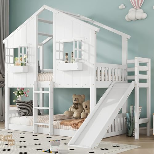 Lit Enfant 90x200 avec Toboggan et escalier,lit superposé Enfant 90x200 avec Fenêtre et Barrières de Sécurité,Design Toit,lit Mezzanine 2 Places,Multifonctionnel (sans Matelas) (Blanc-79W, 90x200cm)