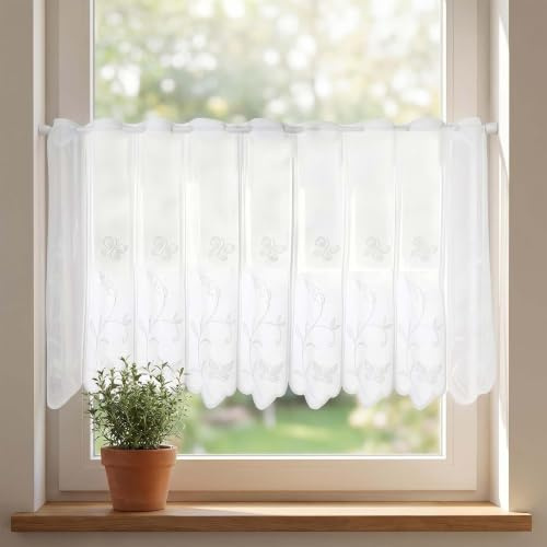 APLOS 4er Scheibengardine, BBistrogardine mit Schmetterlingen und Blumen | Weiß Halbtransparent Besticke, Scheibengardinen Modern Kurze Küchengardinen für Wohnzimmer, Wohnwagen (130x45cm, 90x45cm)