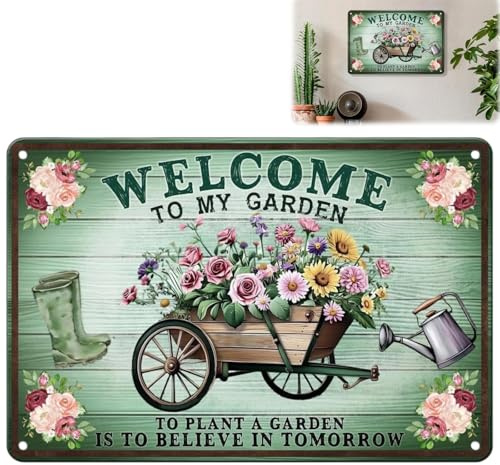 Vintage Metal Garden Sign,Welcome To My Garden Metal Sign,G-arden Plaques For Outside,Iron Art Hanging Plaque,With Pastoral Floral Design,Vintage Decor,For G-arden Fence Yard Porch Door,30x20cm