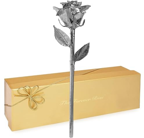 Forever Rose Real Rose Dipped in Platinum, Handcrafted Preserved Rose in Luxury Gold Gift Box, Romantic Gift for Her, Elegant Keepsake for Anniversary, Birthday, or Any Special Occasion