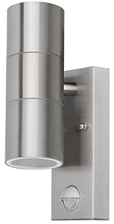 Grafner Edelstahl Wandlampe mit Bewegungsmelder, silber, nach oben und unten gerichtetem Lichtschein, IP44, 2x GU10 Fassung, für außen und innen, Wandleuchte Wand Lampe nach oben und unten scheinend