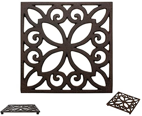 Dekorativer Gusseiserner Topfuntersetzer für Küche oder Esstisch - Quadratisch mit Vintage-Muster - 16,51 x 16,51cm - Mit Gummi-Füßen - Recyceltes Metall - Vintage, Rustikales Design