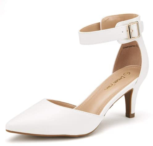 DREAM PAIRS Womens Court Shoes Pointed Toe Low Kitten Heel Ladies Pumps Ankle Strap Dress Sandals,Size 9,White/pu,LOWPOINTED