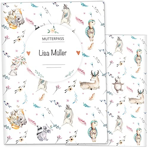 OLGS Mutterpasshülle 3-teilig personalisiert Boho Freunde | Baby Schwangerschaft Geschenkidee Schutzhülle für den Mutterpass | Für werdende Mütter (Mutterpass personalisiert, Boho Muster)