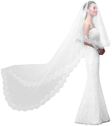 IBLUELOVER Brautschleier 5M Lange Hochzeit Schleier Weicher Tüll Brautkleidzubehör Handgefertigte Blumen Spitze Elegant Brautschleier Festlicher Schleier Damen Schleier Weiß Hochzeitszubehör