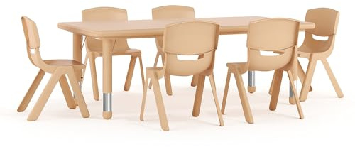 Flash Furniture Adjustable Classroom Activity Table with 6 Stackable Chairs, Rectangular Plastic Activity Table for Kids, 24 W x 48 L, Natural