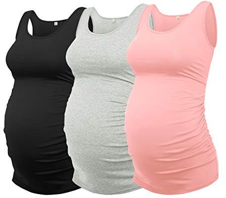 AMPOSH Camiseta de maternidad para mujer, paquete de 3 unidades, fruncida, sin mangas, para embarazo, 34 negro/gris/rosa pálido, XL