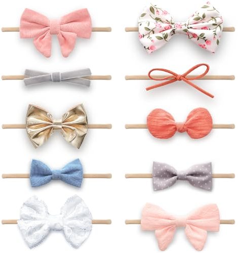 KiddyCare - Baby-Mädchen-Stirnband, Haarschleife Mädchen, Baby-Haarschleife, Handgefertigtes Nylon-Stirnband, Einheitsgröße [0-6 Monate, 10 Stück]