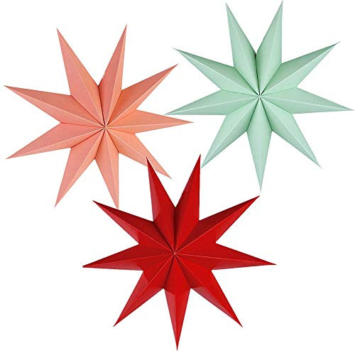 Kiddale 3 Pcs 12 in Large Paper Star Red Green Pink Hanging Star Onaments