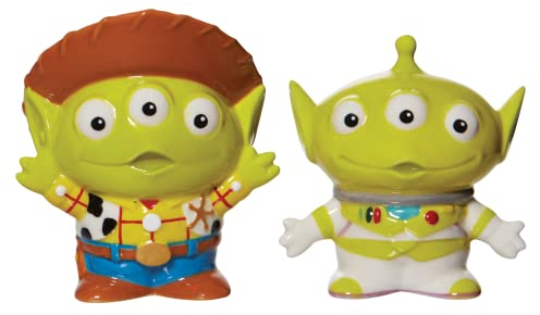 Enesco Pixar Ceramics Toy Story Aliens Buzz and Woody Remix Salt and Pepper Shaker Set, 3.5 Inch, Multicolor