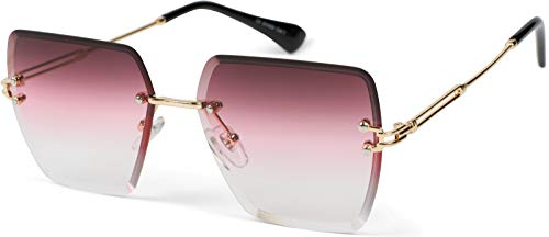 styleBREAKER Lunettes de soleil pour femmes sans monture avec verres rectangulaires teintés, monture métallique, coupe diamant 09020124, couleur:Monture or/verre rose dégradé