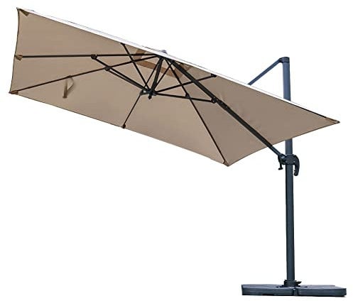 The Fellie Large 360° Rotation Garden Umbrella Parasol, Outdoor Cantilever Hanging Sun Shade Canopy with 4-Piece Base(15L), Adjustable Angle Patio Banana Umbrella, 30+ UV Protection, 3M-Khaki