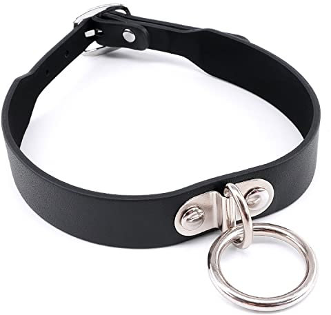 Herren und Damen Punk Choker Kragen Halsband mit O Ring, Gotik PU leder Kostüm Halskette (Schwarz-2)