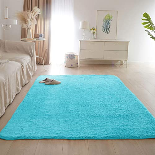 CHBIN Hochflor 160x260cm Teppich Wohnzimmer Schaffell Teppich Zottige Teppiche Super Weich Gemütliches für Esszimmer oder und Die Küche Cafe Lounge Sofas Usw, Blau