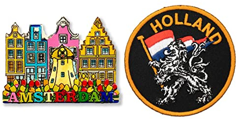 A-ONE Amsterdam Molino de Viento Holanda 3D Polyresin imán para Nevera 1PC+Bandera de los Países Bajos con Parche de Insignia de turista de león, 1 Pegatina Decorativa para refrigerador C233+139