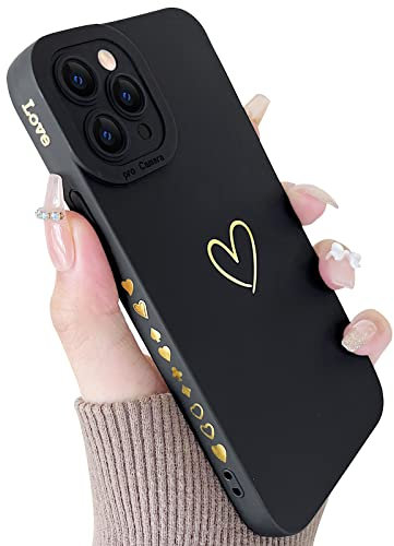 SmoBea Compatible with iPhone 11 Pro Case Luxury Gold Heart Pattern Soft Liquid Silicone Shockproof Case for Women Girls Side Cute Plated Heart Pattern Slim Phone Case (Black)