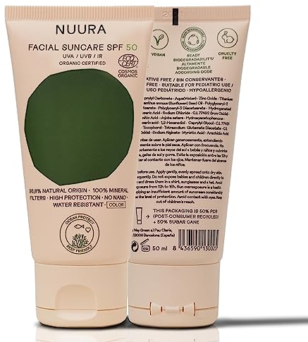 NUURA - Organische Sonnenschutzcreme SPF 50+ UVA/UVB/IR - Vegan, Öko-Verpackung, Riff-freundlich - Für empfindliche Haut, Wasserfest - 50ml