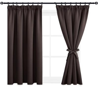 DWCN Gardinen Blickdicht Vorhänge mit Kräuselband Vorhänge Küche mit Vorhang-Krawatten, Gardinen Kurze Schlafzimmer Thermogardine Kälteschutz Wämreisolierende, 137x117cm(HöhexBreite), Braun, 2er Set