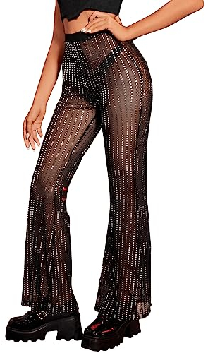 GORGLITTER Damen Transparent Schlaghose Kontrast Pailletten Mesh Lange Hosen Partyhose Cover Up Strandhose mit Elastischer Bund Schwarz S
