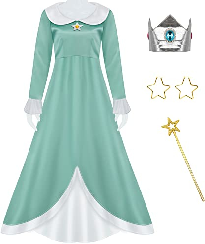 YEAJION Prinzessin Peach Kostüm für Damen und Mädchen - Cosplay, Halloween, Karneval & Weihnachten - Maxikleid, Krone, Ohrringe, Handschuhe