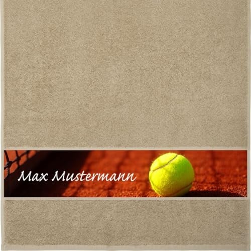 Erwin Müller Handtuch mit Namen - personalisiert - Motiv Sport-Tennis - viele Farben & Motive - Dusch-Handtuch - beige - Größe 50x100 cm - persönliches Geschenk mit Wunsch-Name