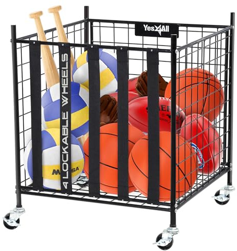 Yes4All Rolling Ball Cart Storage with Lockable Wheels Volleyball Basketball Holder, Toy Balls Bin, Garage Cage, Storage Racks, Sports Equipment Organizer, Ball Rack for Outdoor Indoor Use