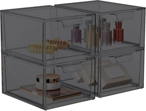 4 Pack Stackable Acrylic Makeup Organizer, Smoke Black Storage Drawers | Clear Plastic Drawer Organizers with Handles for Vanity, Bathroom, Bedroom, Cosmetics, Jewelry and Home Storage