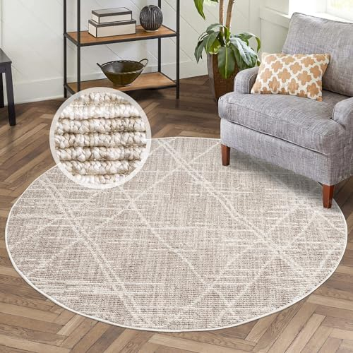 carpet city Kurzflor Teppich Wohnzimmer Beige Meliert - 200 cm Rund - Rauten-Look - Teppiche Modern, Boho für Schlafzimmer, Esszimmer