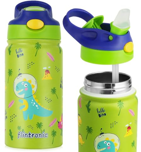 flintronic 350ml/12oz Kids Water Bottle Stainless Steel with Straw, Vacuum Insulated Water Bottles, BPA Free, Metal Leakproof Small Flask, Flip Sports Water Bottle for Boys Girls Toddler Children