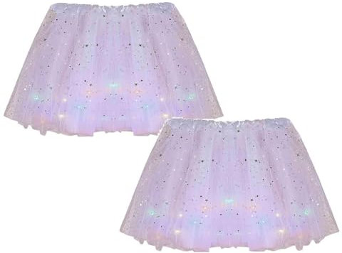2er Pack LED Tütü Rock Kurz Damen 50er Tüllrock Minirock Stern Pailletten Rockabilly Petticoat Ballett Tanzen Unterrock Dehnbaren Ballettrock Vintage Erwachsene Tutu Festliche (2PCS White, One Size)