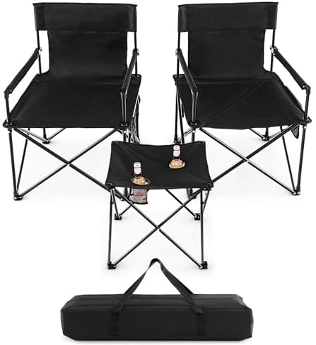 COSTWAY 3 Piece Foldable Camping Chairs and Table Set, Portable Picnic Table with 2 Chairs, Cup Holders, Side Pockets & Carrying Bag, Outdoor Lightweight Table Chair Set for Hiking RV Travel