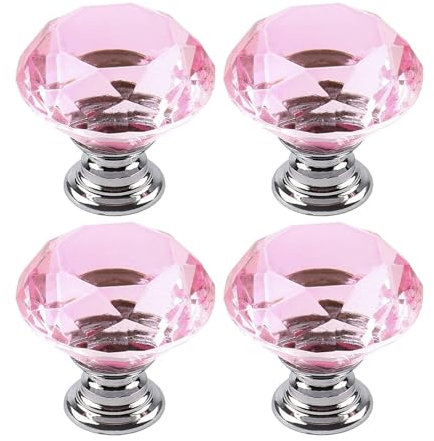 4 Pack Crystal Cabinet Knobs Furniture Door Handles, Cupboard Wardrobe Furniture Drawers Cabinet Pull for Kitchen Office Chest Cabinet Drawer (Pink)
