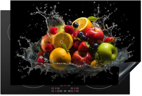 KitchenYeah© Herdabdeckplatte Einteilig Herdabdeckung Abdeckplatte für Ceranfeld Abdeckung Induktionskochfeld Aufrollbare Matte Obst - Apfel - Orange - Rot - Wasser - 80x52 cm