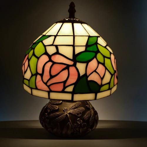 Ppbmocw Small Tiffany Lamp,Stained Glass Table Lamp for Living Room,Bedside,Reading,8 Inch Vintage Mini Mushroom Desk Light Included 3 Color Temperatures E27 Bulb (Pink Rose)