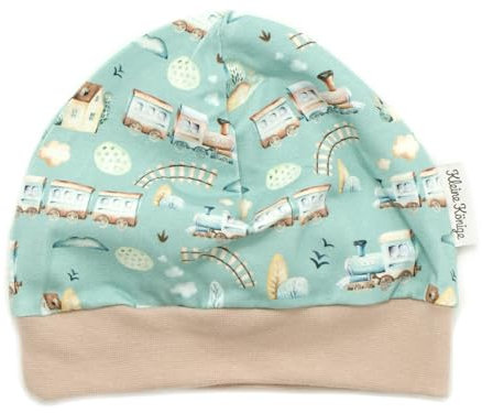 Kleine Könige Mütze Baby Jungen Beanie · Modell Eisenbahn Little Railroad, beige · Ökotex 100 Zertifiziert · Größe 110/116