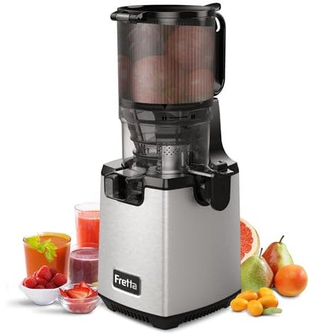 Fretta Slow Juicer Entsafter Gemüse und Obst Testsieger, 250W Edelstahl Saftpresse Elektrisch Obstpresse Kaltpresse Saftmaschine mit 135mm Großem Öffnung, Leicht zu Reinigen, Umkehrfunktion, BPA Frei