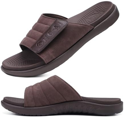 ONCAI Sandales pour Hommes Sangles Réglables Orthotique Bout Ouverts Sports Slides avec Souple Confortable Support de la Voûte Pantoufles Marron Taille 47