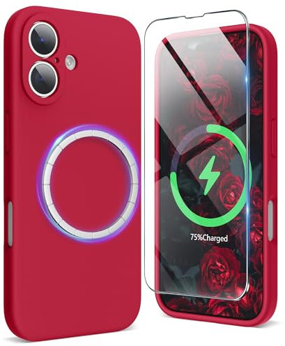 SURPHY Magnetic Design for iPhone 16 Plus Case, Liquid Silicone Protection for Each Lens Shockproof Gel Rubber Phone Case for iPhone 16 Plus 6.7 inch 2024, Red