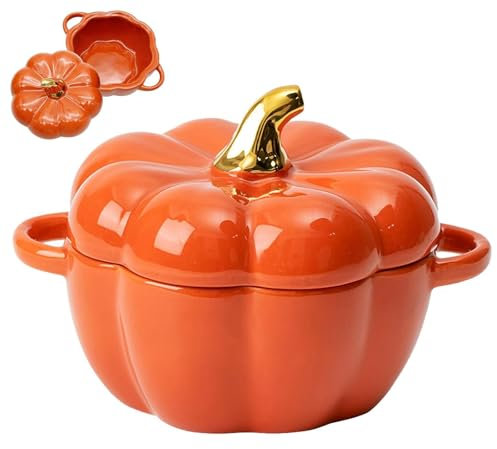 CHENRI 15 Oz Oven Safe Pumpkin Bowls, Pumpkin Ramekins with Lids, Orange Ceramic Pumpkin Soup Bowl, Pumpkin Bowl Set with Handle, Pumpkin Dessert Bowl for Thanksgiving Halloween Decor (Orange)