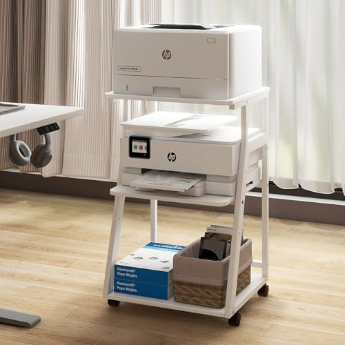 PUNCIA Supporto per Stampante a 3 Livelli 50x40x75CM Carrello Rotante con Ripiano Regolabile Scaffale per Stampante in Legno Mobile Tavolo Funzionale con Contenitore per Ufficio e Casa (Bianco)