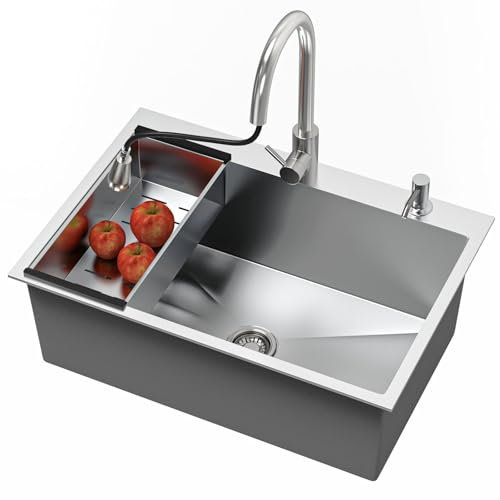 Fregadero Cocina 1 Seno 80 x 50cm, Fregadero Cocina en Acero Inoxidable, Fregadero Sobre Encimera o Enrasado, Fregaderos Un Seno Con grifo, cesto escurridor, dispensador de jabón
